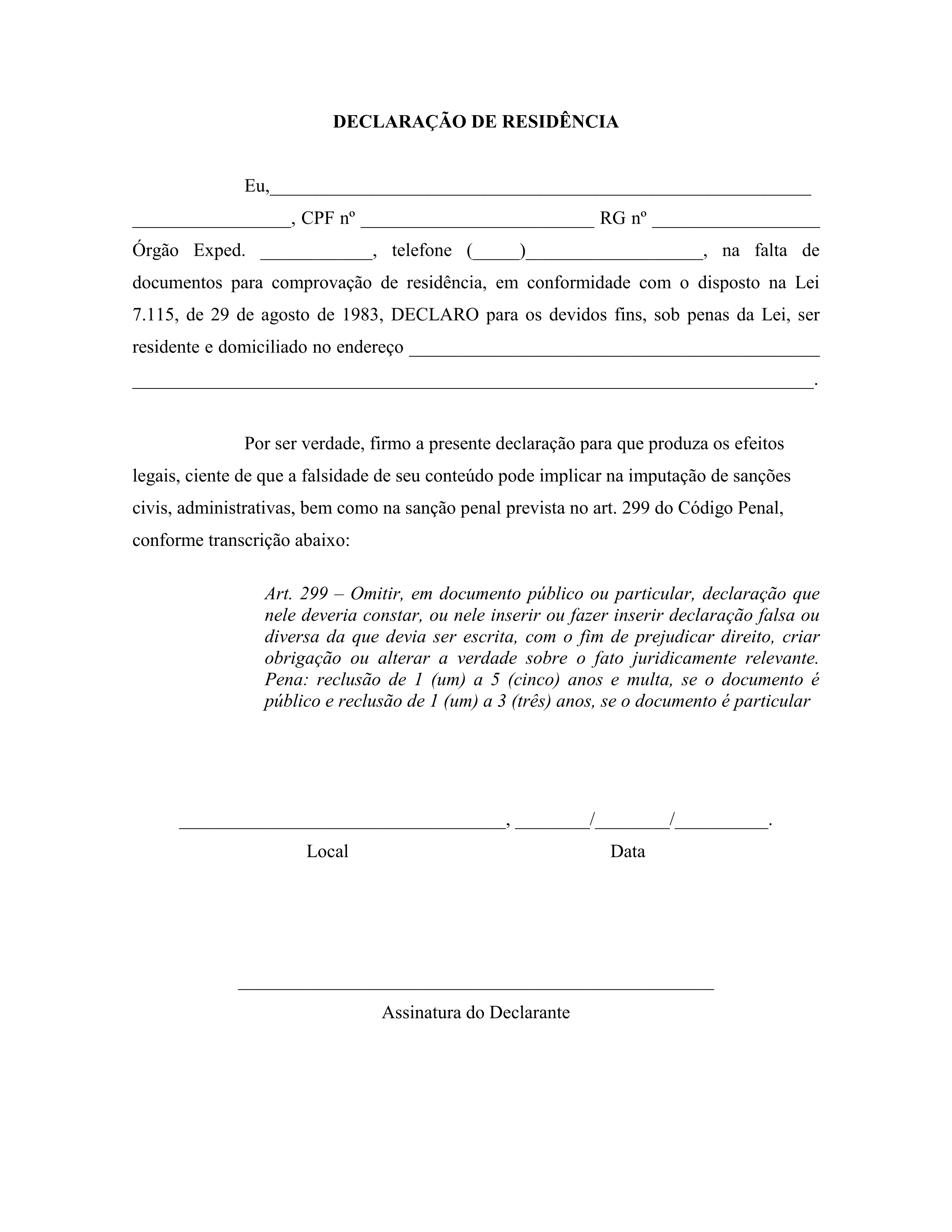 Modelo de Declaração de residência em PDF.